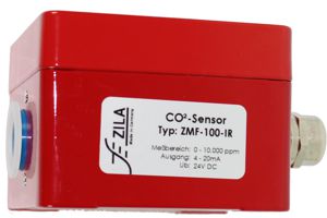 CO2 sensor in red metal housing.